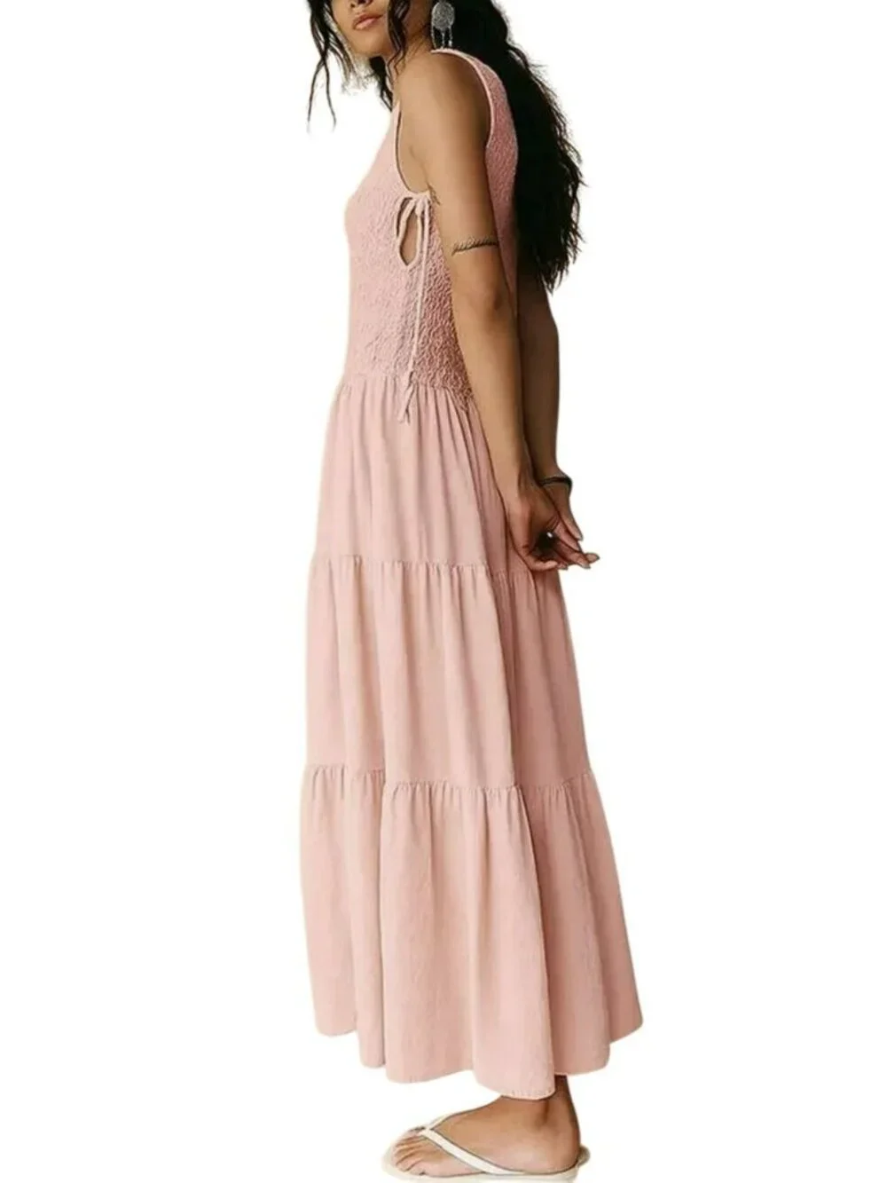 Free People Sterling Smocked Open Tie Side Tiered Maxi Dress Pink Small New